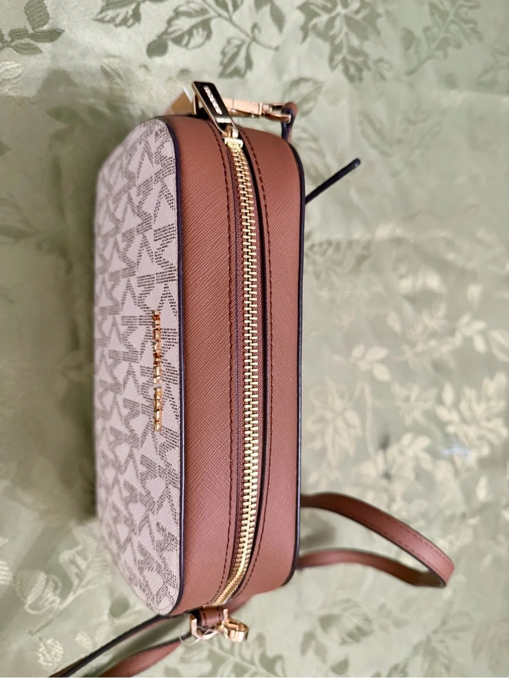Michael Kors Cream and Brown Signature Dome Crossbody